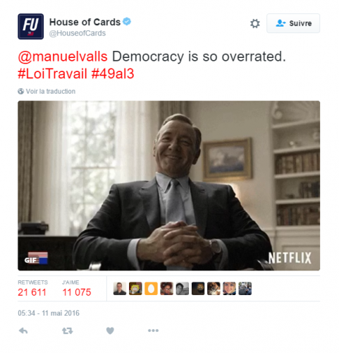 Le tweet de HOUSE OF CARDS à MANUEL VALLS et la réponse du MINISTRE…